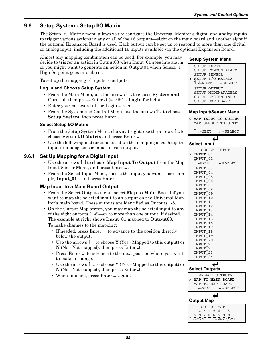 6 setup system - setup i/o matrix, 1 set up mapping for a digital input, Map input to a main board output | Setup system - setup i/o matrix, Set up mapping for a digital input, Setup i/o matrix | Liebert Universal Monitor User Manual | Page 63 / 144
