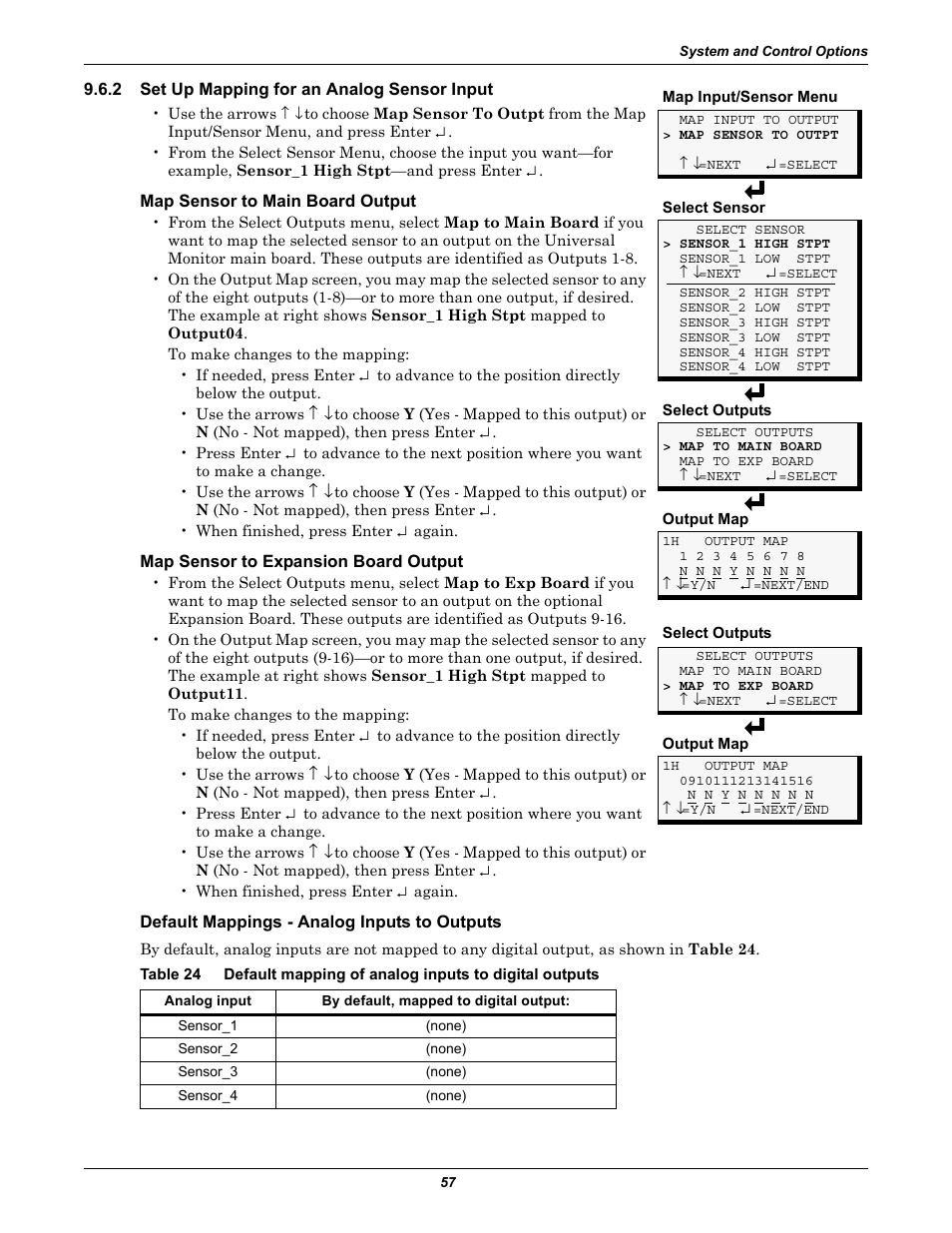 2 set up mapping for an analog sensor input, Map sensor to main board output, Map sensor to expansion board output | Default mappings - analog inputs to outputs, Set up mapping for an analog sensor input, Table 24 | Liebert Universal Monitor User Manual | Page 65 / 144