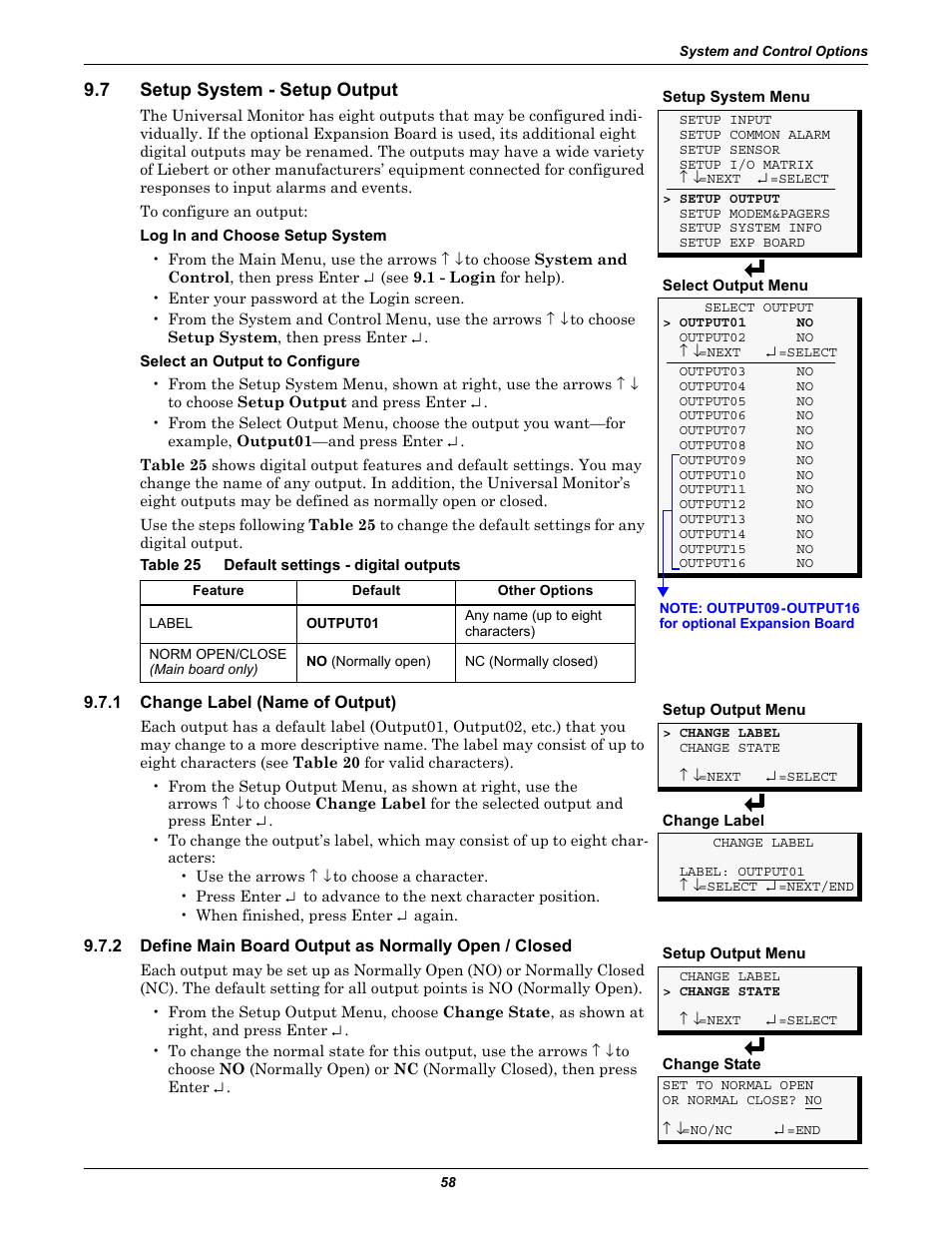 7 setup system - setup output, Table 25 default settings - digital outputs, 1 change label (name of output) | Setup system - setup output, Change label (name of output), Define main board output as normally open / closed, Table 25, Default settings - digital outputs, Setup output | Liebert Universal Monitor User Manual | Page 66 / 144