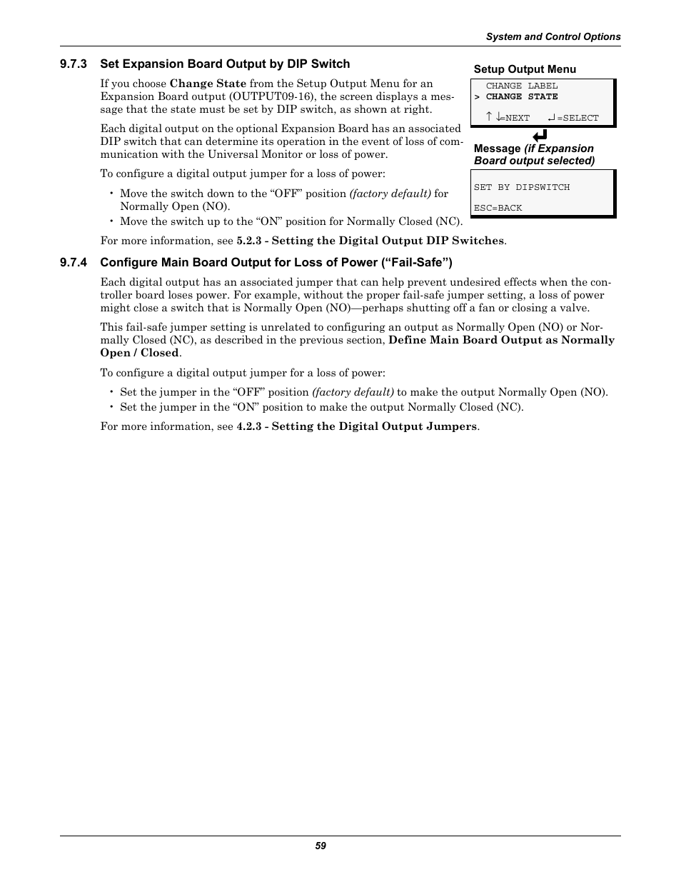 3 set expansion board output by dip switch, Set expansion board output by dip switch, Configure main board output | For loss of power (“fail, Safe”), Set expansion board output by, Dip switch | Liebert Universal Monitor User Manual | Page 67 / 144