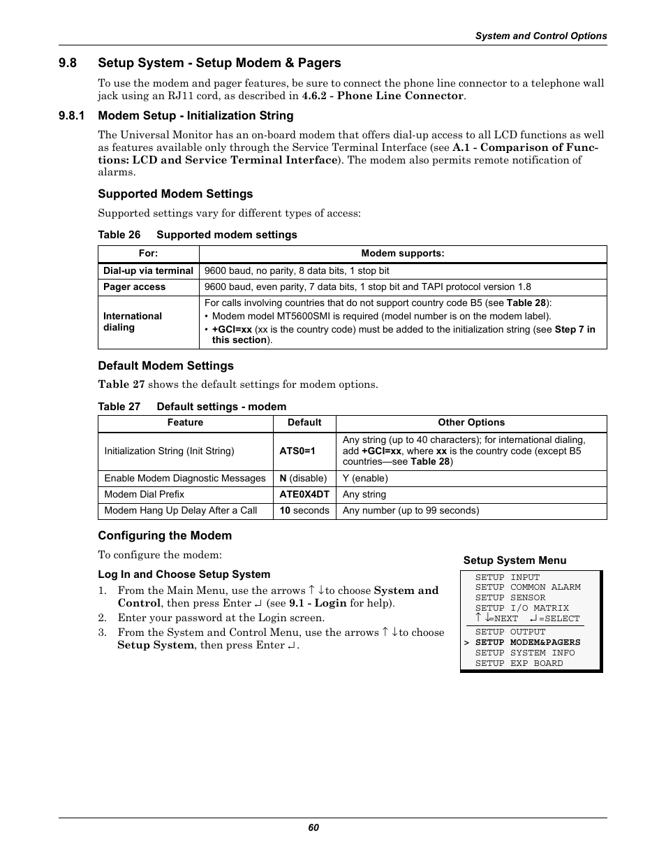 1 modem setup - initialization string, Supported modem settings, Table 26 supported modem settings | Default modem settings, Table 27 default settings - modem, Configuring the modem, Modem setup - initialization string, Table 26, Table 27, Default settings - modem | Liebert Universal Monitor User Manual | Page 68 / 144