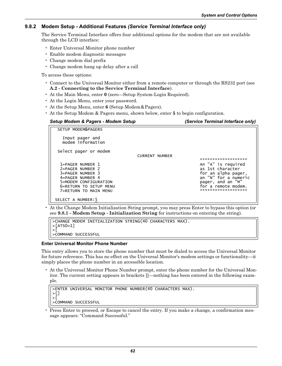 Modem setup - additional features, Modem setup - enter universal monitor phone number, Modem setup - enable modem diagnostic messages | Modem setup - change modem dial prefix | Liebert Universal Monitor User Manual | Page 70 / 144