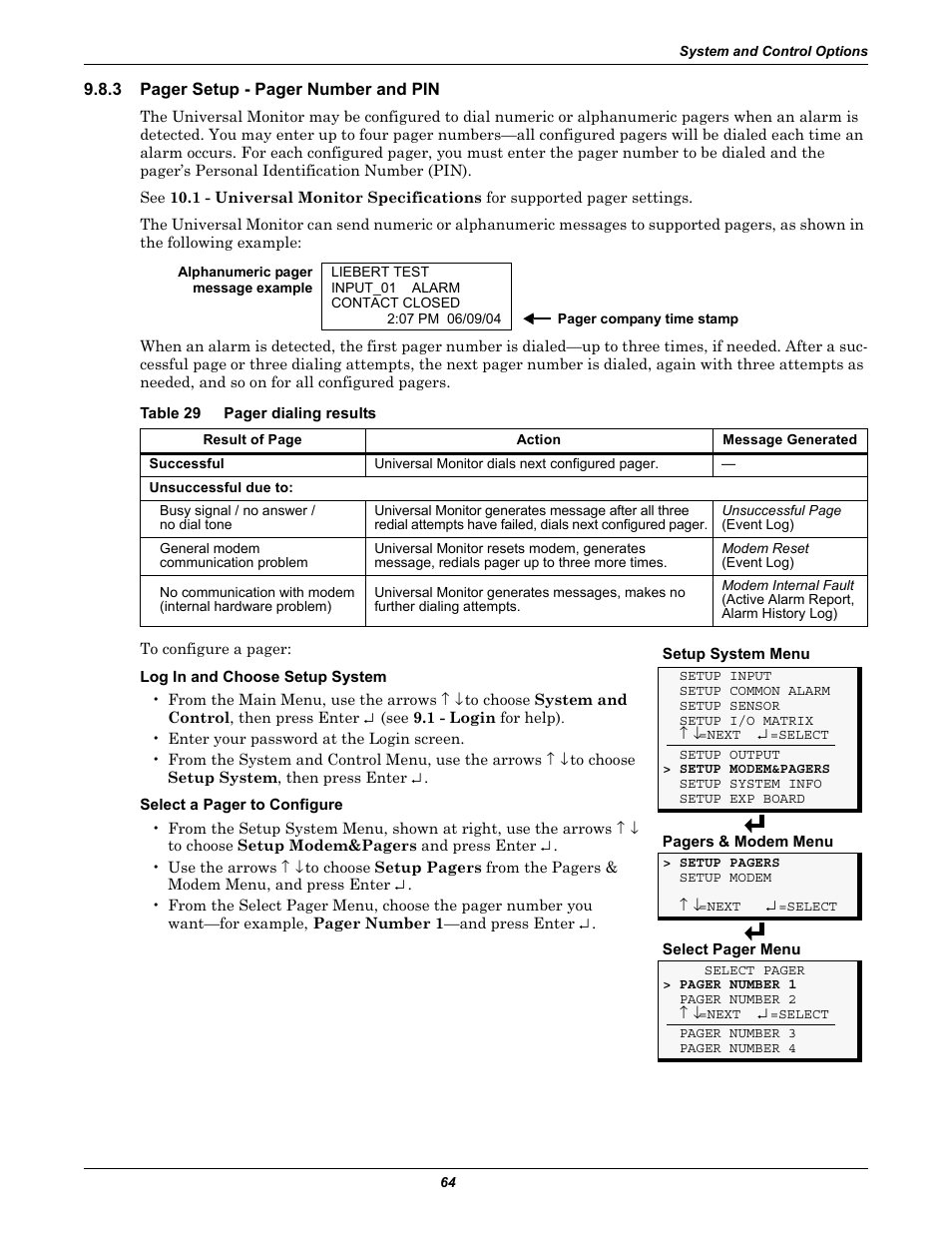 Table 29, Number and pin | Liebert Universal Monitor User Manual | Page 72 / 144