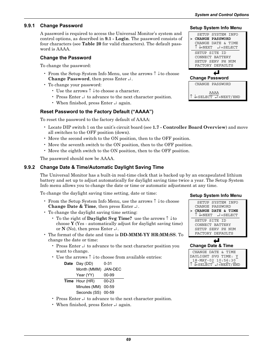 1 change password, Change the password, Reset password to the factory default (“aaaa”) | Change password, Change date & time/automatic daylight saving time | Liebert Universal Monitor User Manual | Page 77 / 144