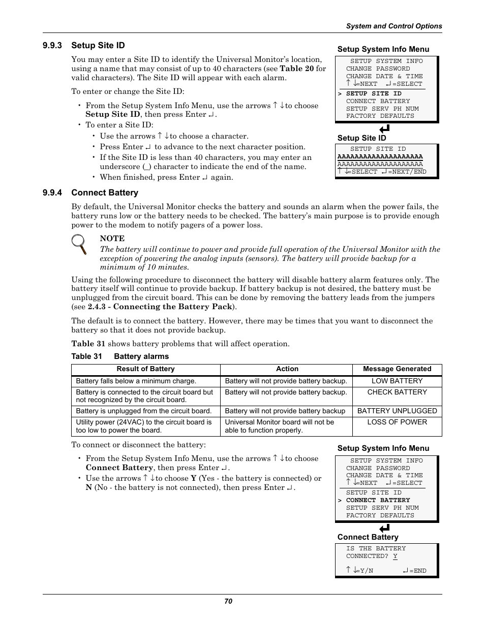 3 setup site id, 4 connect battery, Table 31 battery alarms | Setup site id, Connect battery, Battery alarms | Liebert Universal Monitor User Manual | Page 78 / 144