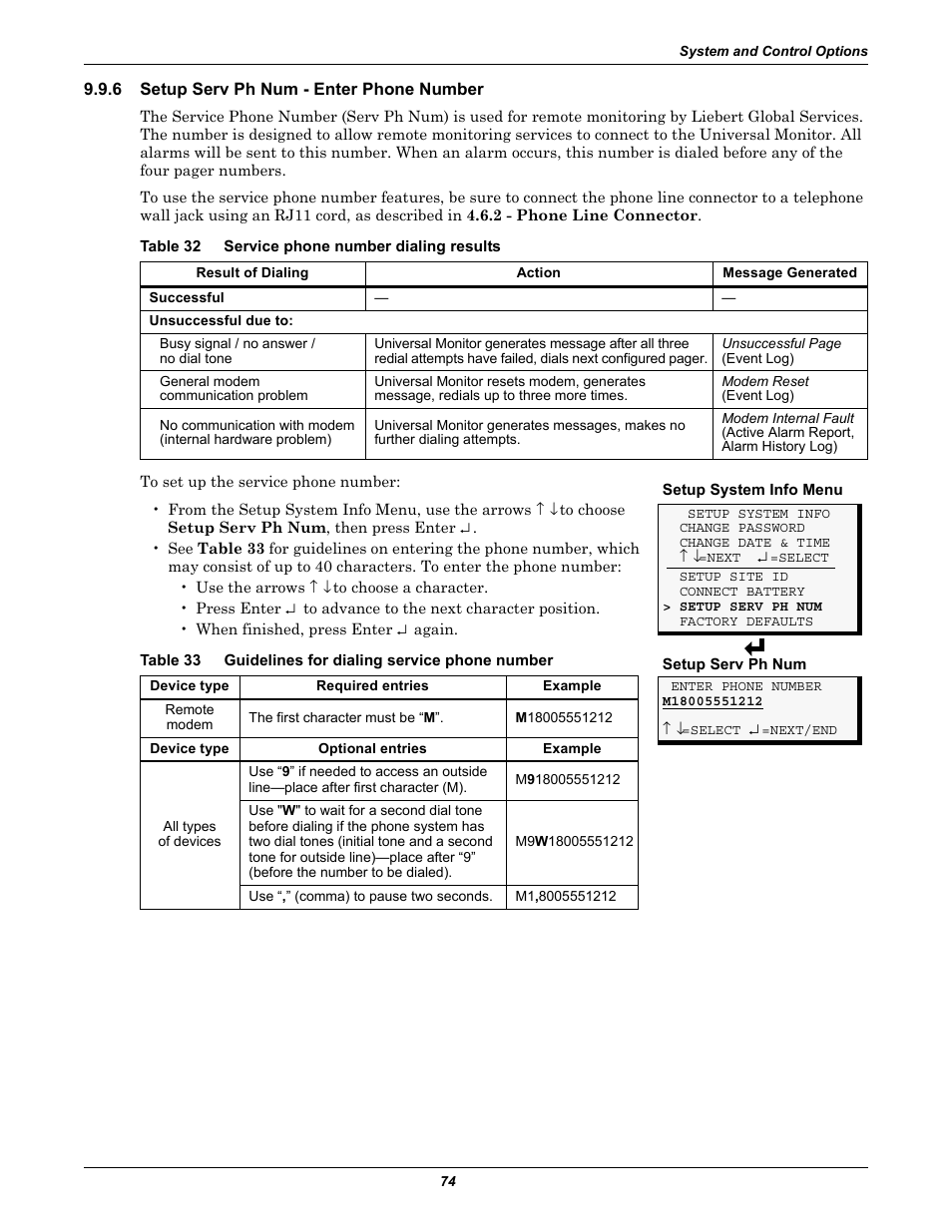 6 setup serv ph num - enter phone number, Table 32 service phone number dialing results, Setup serv ph num - enter phone number | Table 32, Service phone number dialing results, Table 33, Guidelines for dialing service phone number, Setup serv ph num - enter, Phone number | Liebert Universal Monitor User Manual | Page 82 / 144