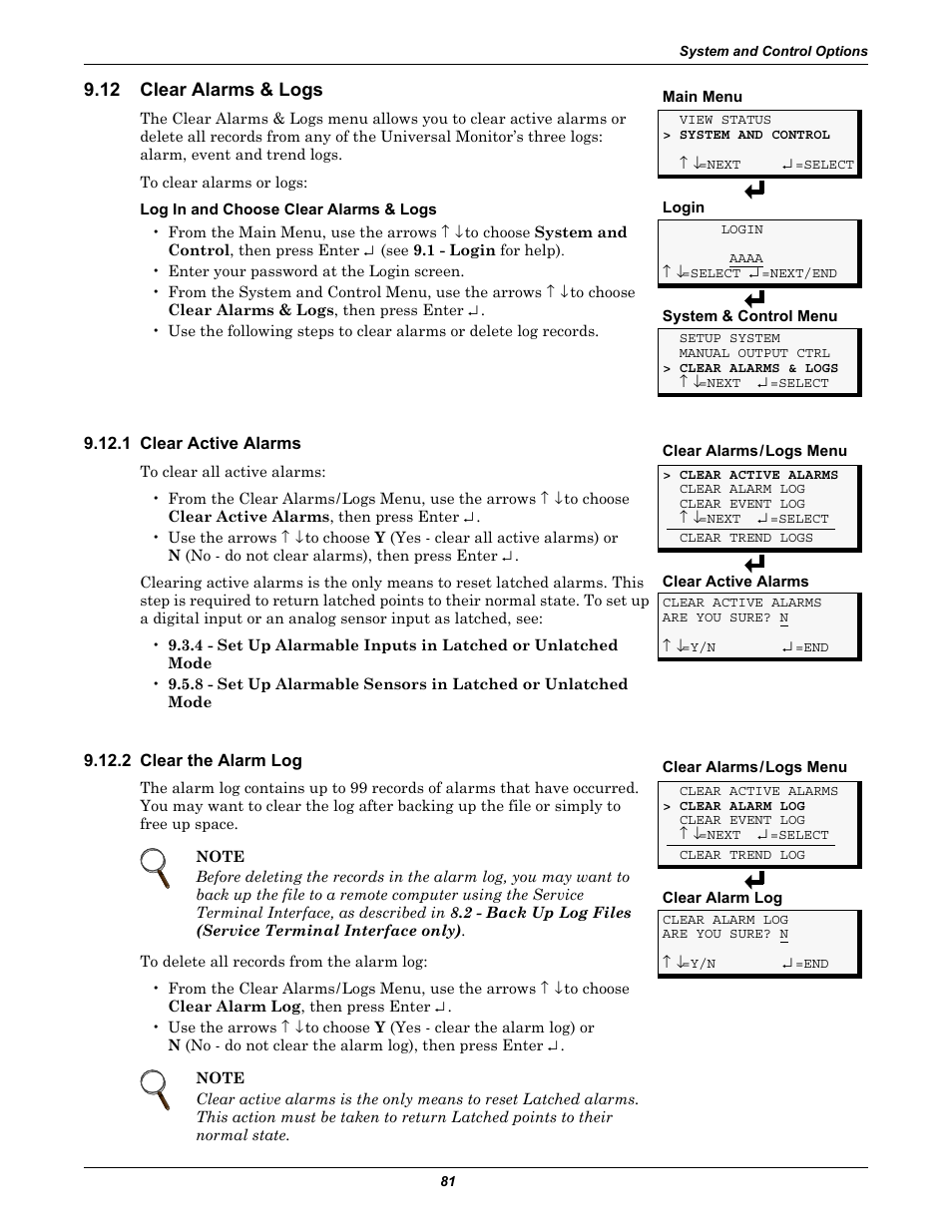 12 clear alarms & logs, 1 clear active alarms, 2 clear the alarm log | Clear alarms & logs, 1 clear active alarms 9.12.2 clear the alarm log, Clear active alarms, Clear the alarm log | Liebert Universal Monitor User Manual | Page 89 / 144