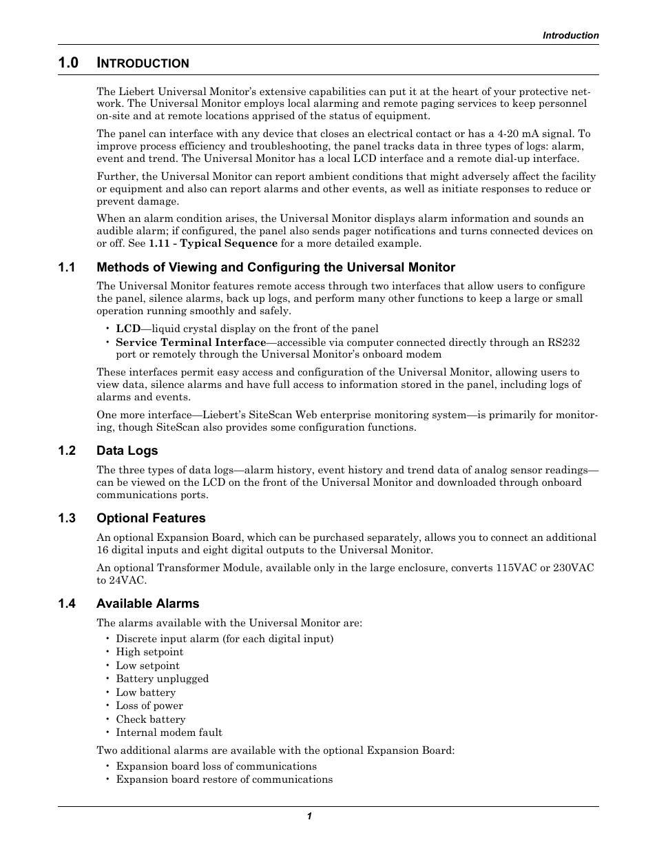 0 introduction, 2 data logs, 3 optional features | 4 available alarms, Ntroduction, Data logs, Optional features, Available alarms | Liebert Universal Monitor User Manual | Page 9 / 144
