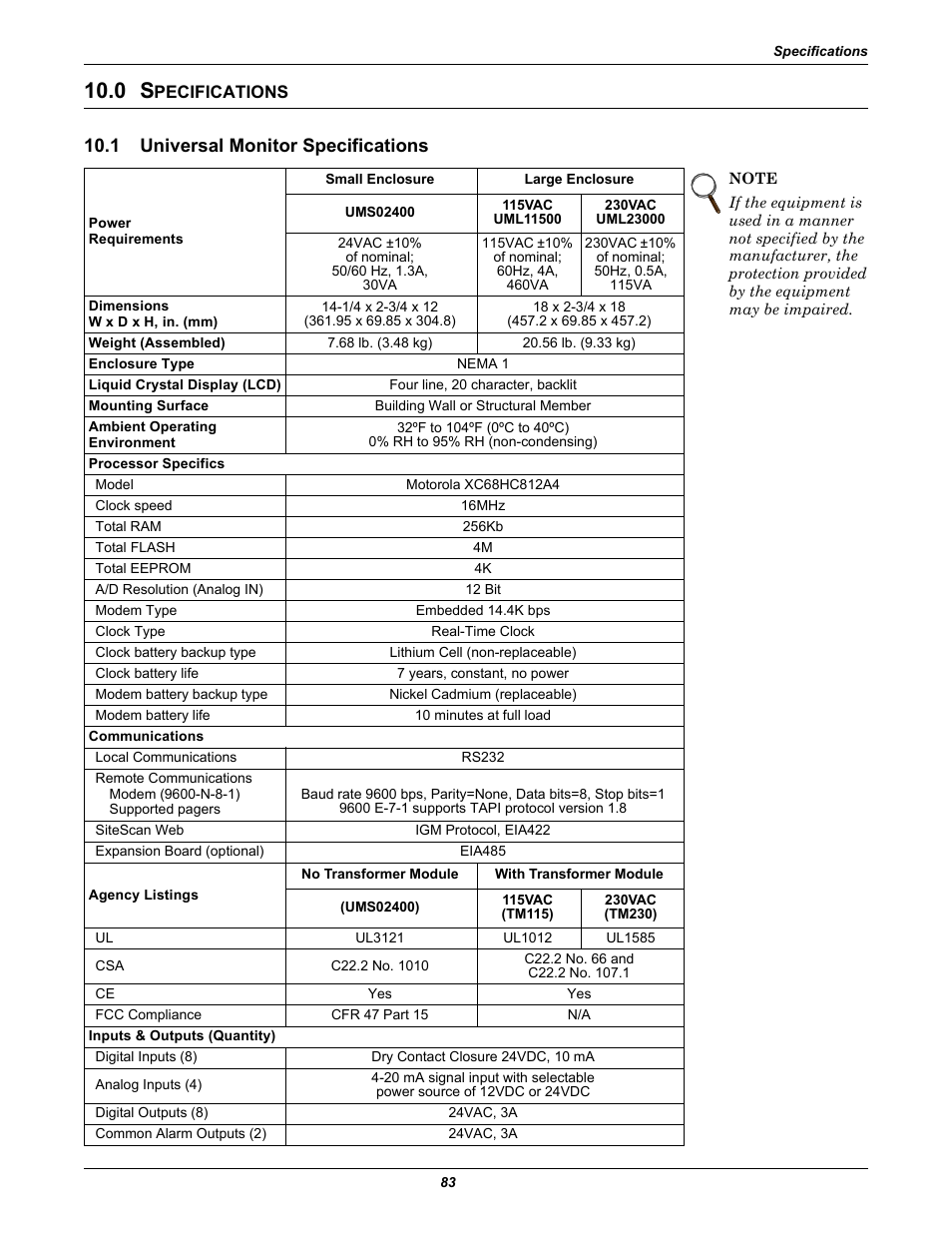 0 specifications, 1 universal monitor specifications, Pecifications | Universal monitor specifications | Liebert Universal Monitor User Manual | Page 91 / 144