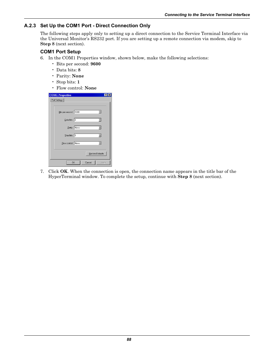 Com1 port setup, A.2.3, Set up the com1 port - direct connection only | Liebert Universal Monitor User Manual | Page 96 / 144