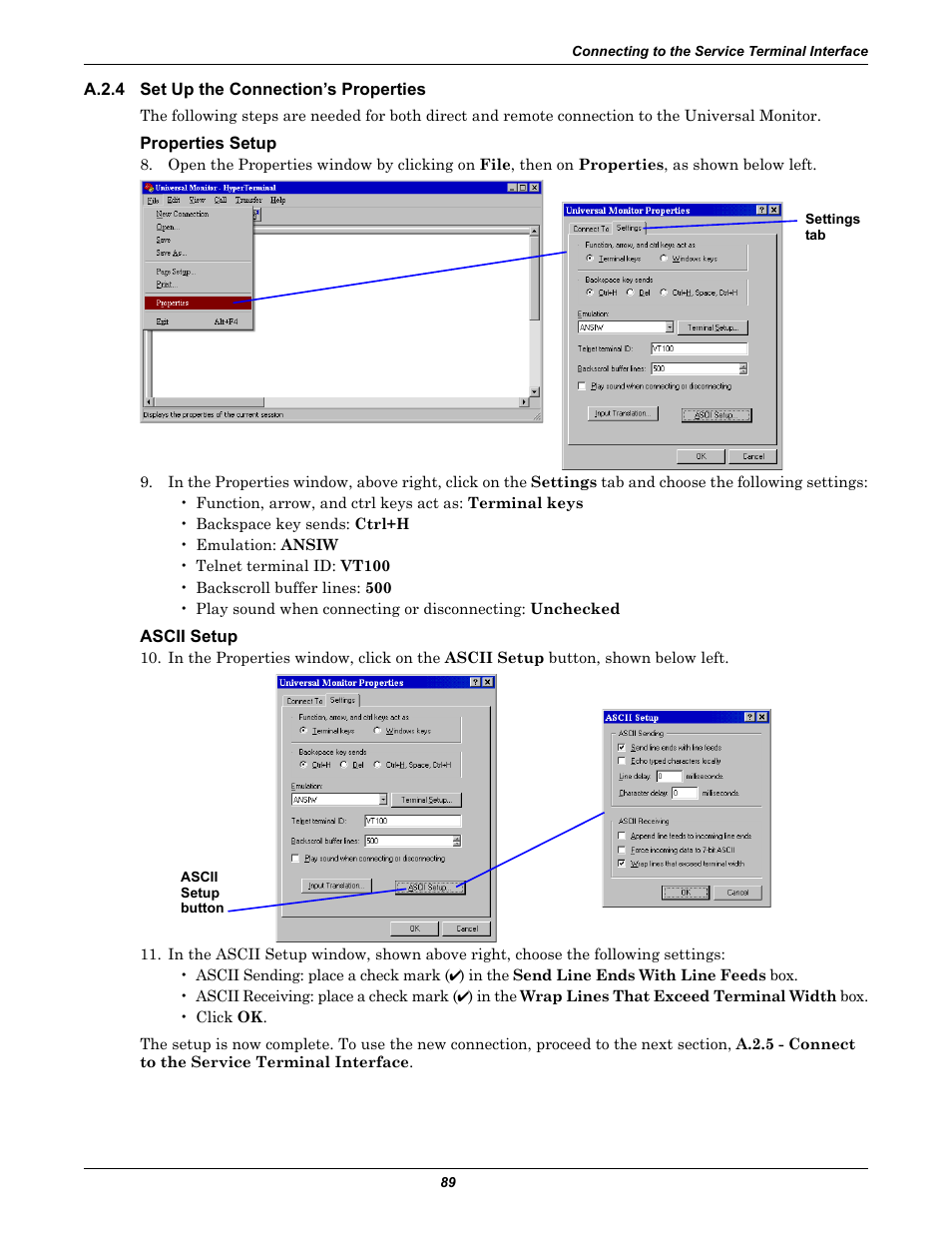 A.2.4 set up the connection’s properties, Properties setup, Ascii setup | A.2.4, Set up the connection’s properties | Liebert Universal Monitor User Manual | Page 97 / 144