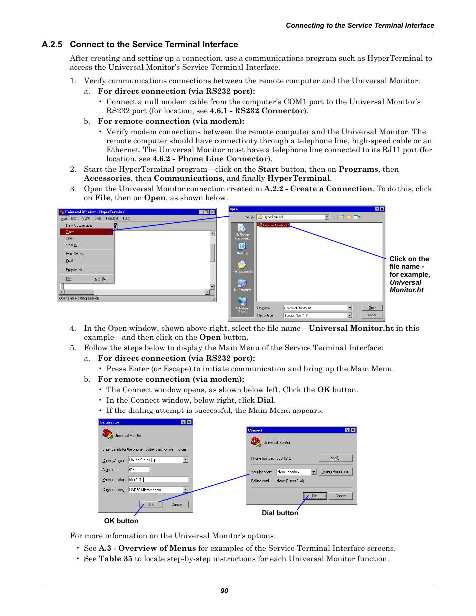 A.2.5 connect to the service terminal interface, A.2.5, Connect to the service terminal interface | Liebert Universal Monitor User Manual | Page 98 / 144