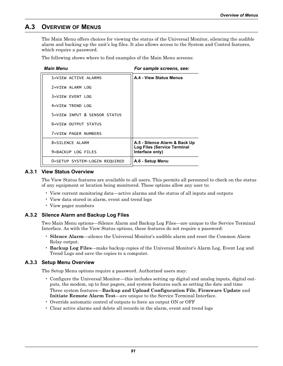 A.3 overview of menus, A.3.1 view status overview, A.3.2 silence alarm and backup log files | A.3.3 setup menu overview, Overview of menus, A.3.1, View status overview, A.3.2, Silence alarm and backup log files, A.3.3 | Liebert Universal Monitor User Manual | Page 99 / 144