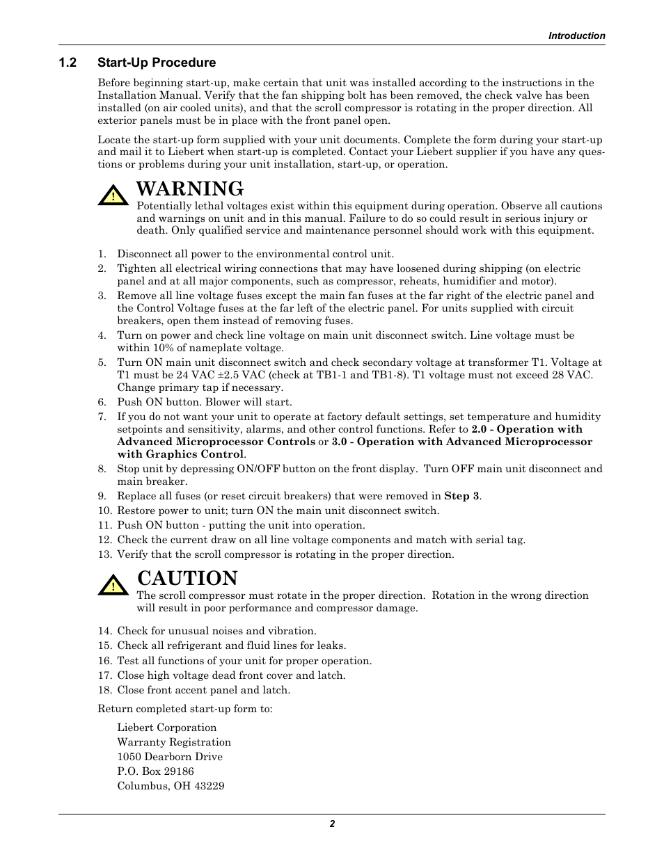 2 start-up procedure, Start-up procedure, Warning | Caution | Liebert CHALLENGER 3000 User Manual | Page 10 / 76