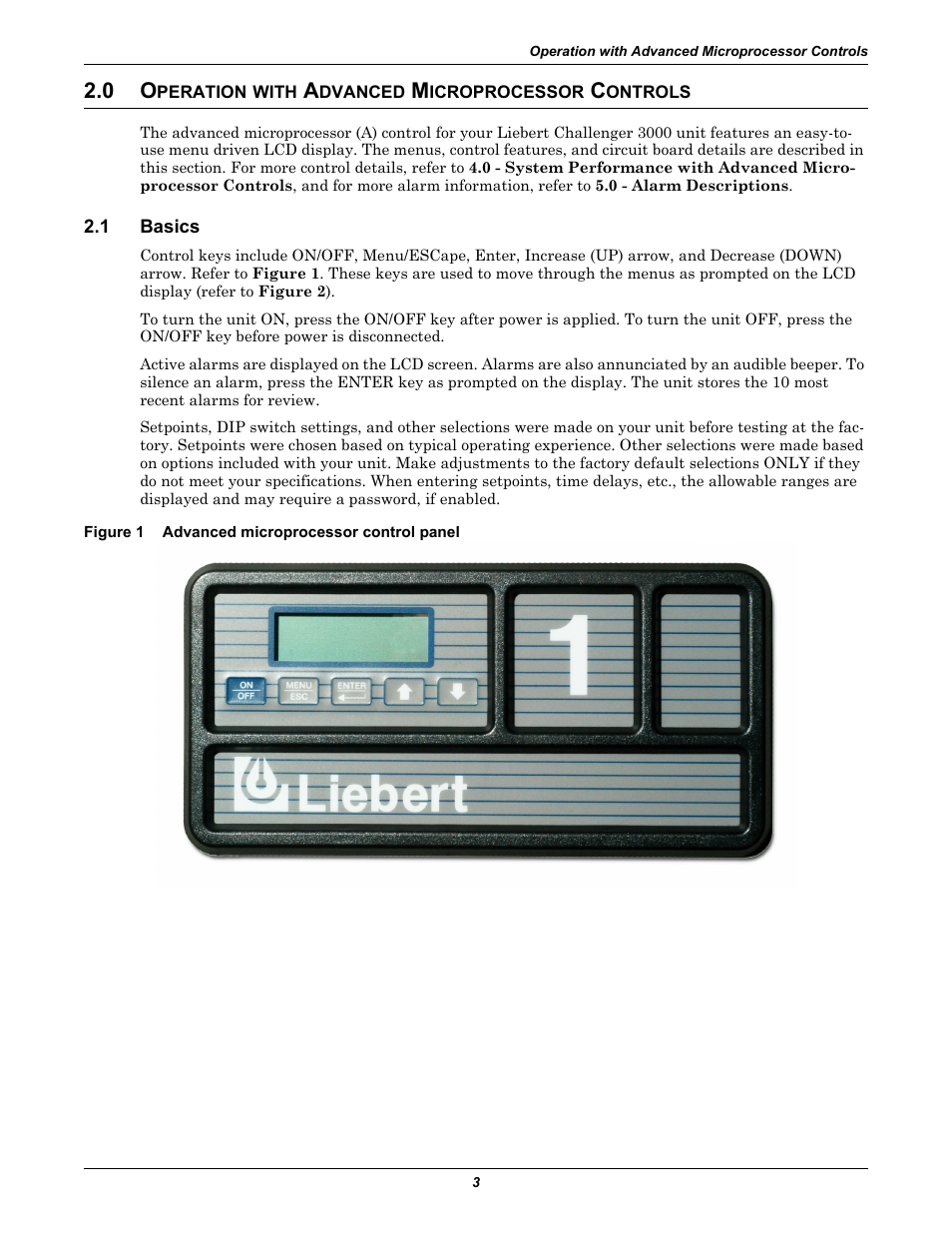 0 operation with advanced microprocessor controls, 1 basics, Figure 1 advanced microprocessor control panel | Peration, With, Dvanced, Icroprocessor, Ontrols, Basics, Advanced microprocessor control panel | Liebert CHALLENGER 3000 User Manual | Page 11 / 76