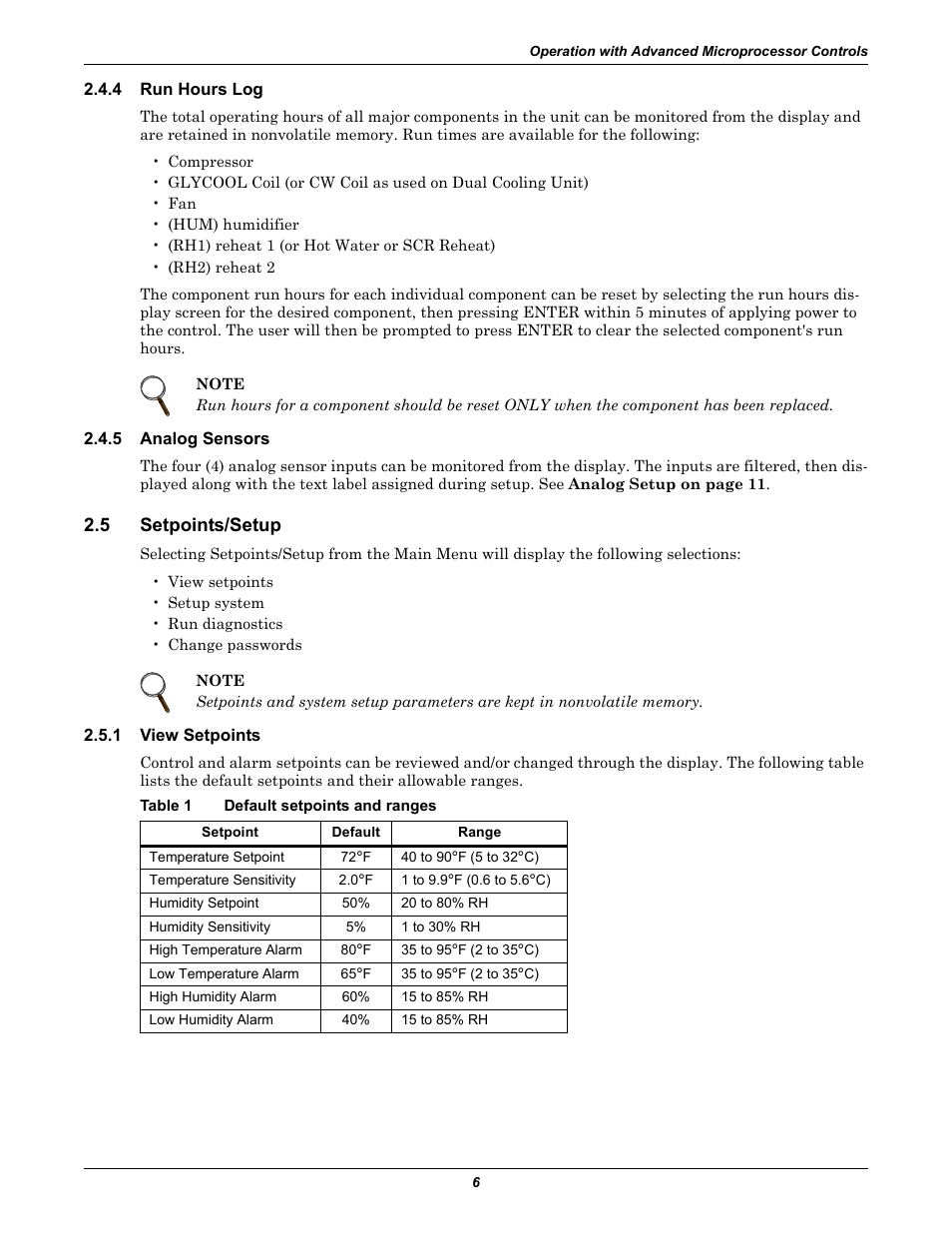 4 run hours log, 5 analog sensors, 5 setpoints/setup | 1 view setpoints, Table 1 default setpoints and ranges, Run hours log, Analog sensors, Setpoints/setup, View setpoints, Table 1 | Liebert CHALLENGER 3000 User Manual | Page 14 / 76