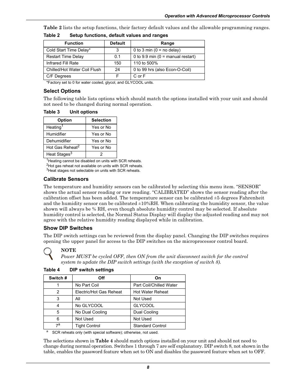 Table 2 setup functions, default values and ranges, Select options, Table 3 unit options | Calibrate sensors, Show dip switches, Table 4 dip switch settings, Table 2, Setup functions, default values and ranges, Table 3, Unit options | Liebert CHALLENGER 3000 User Manual | Page 16 / 76