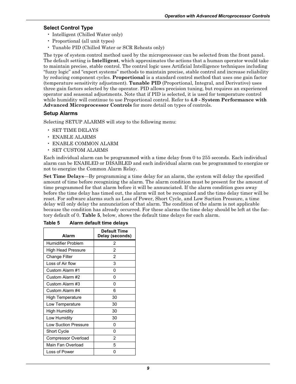 Select control type, Setup alarms, Table 5 alarm default time delays | Table 5, Alarm default time delays | Liebert CHALLENGER 3000 User Manual | Page 17 / 76