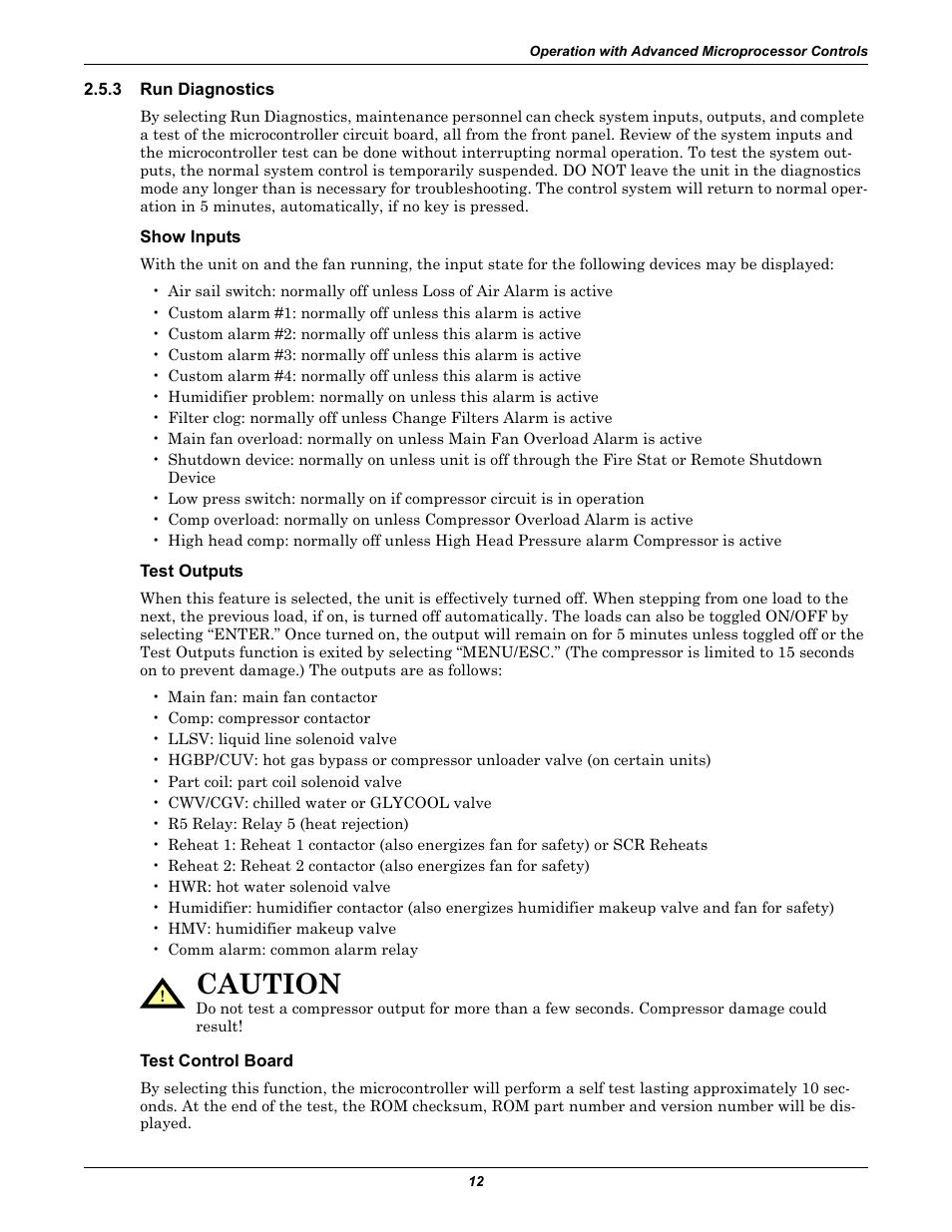 3 run diagnostics, Show inputs, Test outputs | Test control board, Run diagnostics, Caution | Liebert CHALLENGER 3000 User Manual | Page 20 / 76
