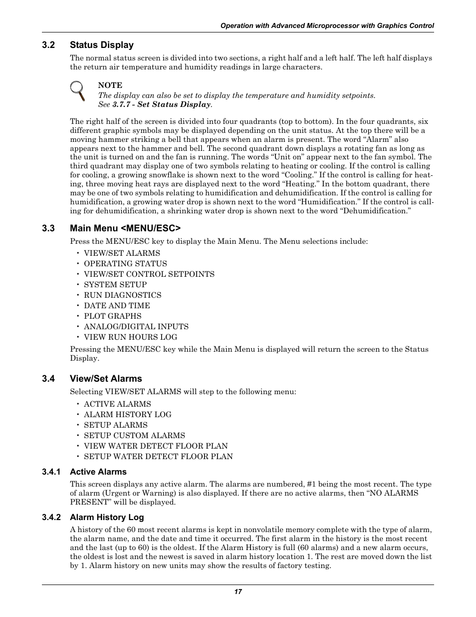 2 status display, 3 main menu <menu/esc, 4 view/set alarms | 1 active alarms, 2 alarm history log, Status display, Main menu <menu/esc, View/set alarms, Active alarms, Alarm history log | Liebert CHALLENGER 3000 User Manual | Page 25 / 76