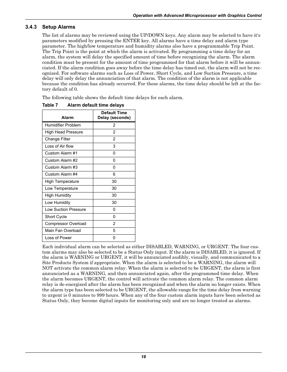 3 setup alarms, Table 7 alarm default time delays, Setup alarms | Table 7, Alarm default time delays | Liebert CHALLENGER 3000 User Manual | Page 26 / 76