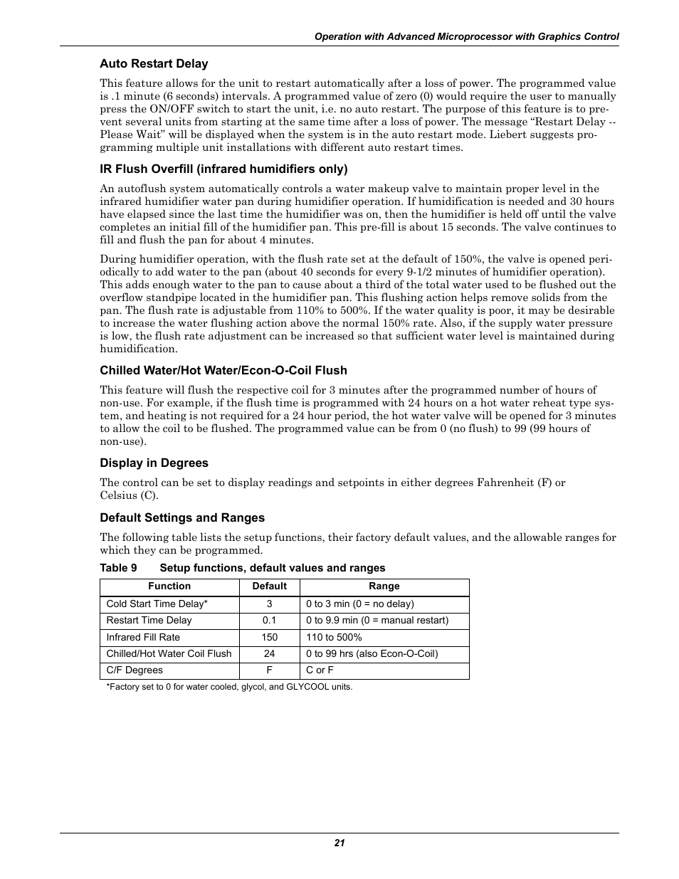 Auto restart delay, Ir flush overfill (infrared humidifiers only), Chilled water/hot water/econ-o-coil flush | Display in degrees, Default settings and ranges, Table 9 setup functions, default values and ranges, Table 9, Setup functions, default values and ranges | Liebert CHALLENGER 3000 User Manual | Page 29 / 76