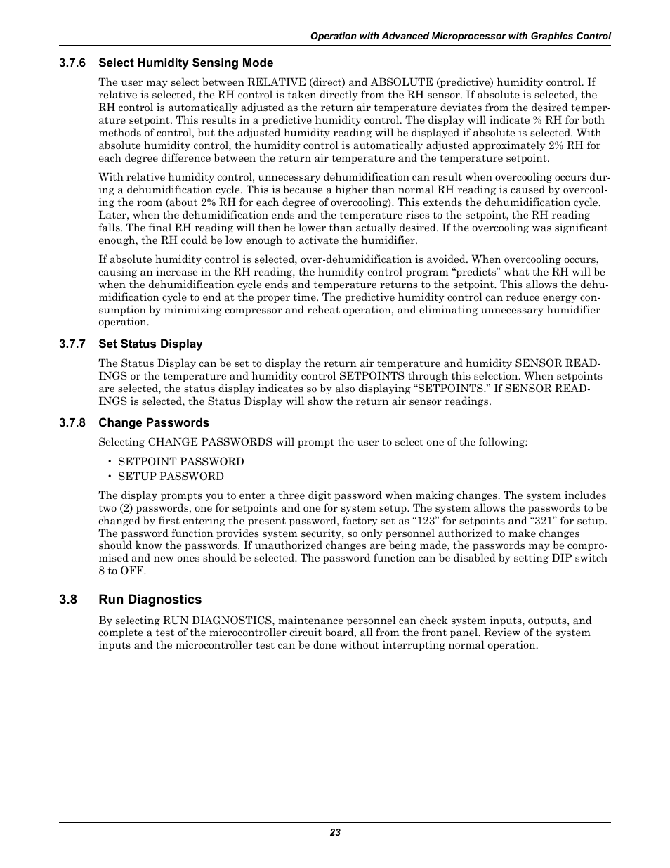 6 select humidity sensing mode, 7 set status display, 8 change passwords | 8 run diagnostics, Select humidity sensing mode, Set status display, Change passwords, Run diagnostics | Liebert CHALLENGER 3000 User Manual | Page 31 / 76