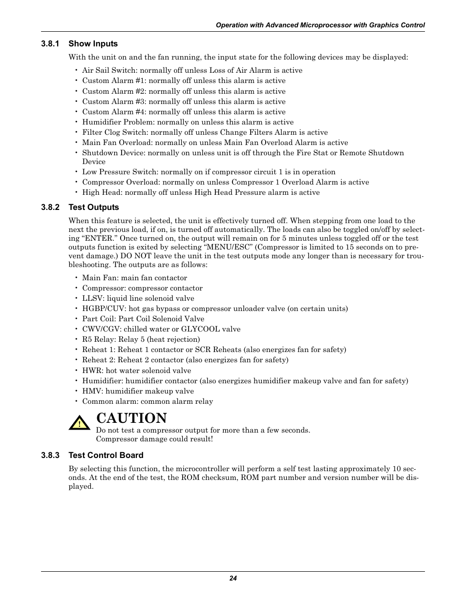 1 show inputs, 2 test outputs, 3 test control board | Show inputs, Test outputs, Test control board, Caution | Liebert CHALLENGER 3000 User Manual | Page 32 / 76