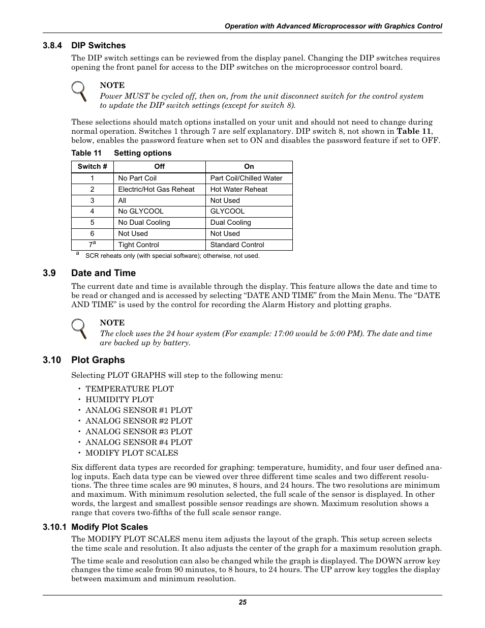 4 dip switches, Table 11 setting options, 9 date and time | 10 plot graphs, 1 modify plot scales, Dip switches, Date and time, Plot graphs, Table 11, Setting options | Liebert CHALLENGER 3000 User Manual | Page 33 / 76