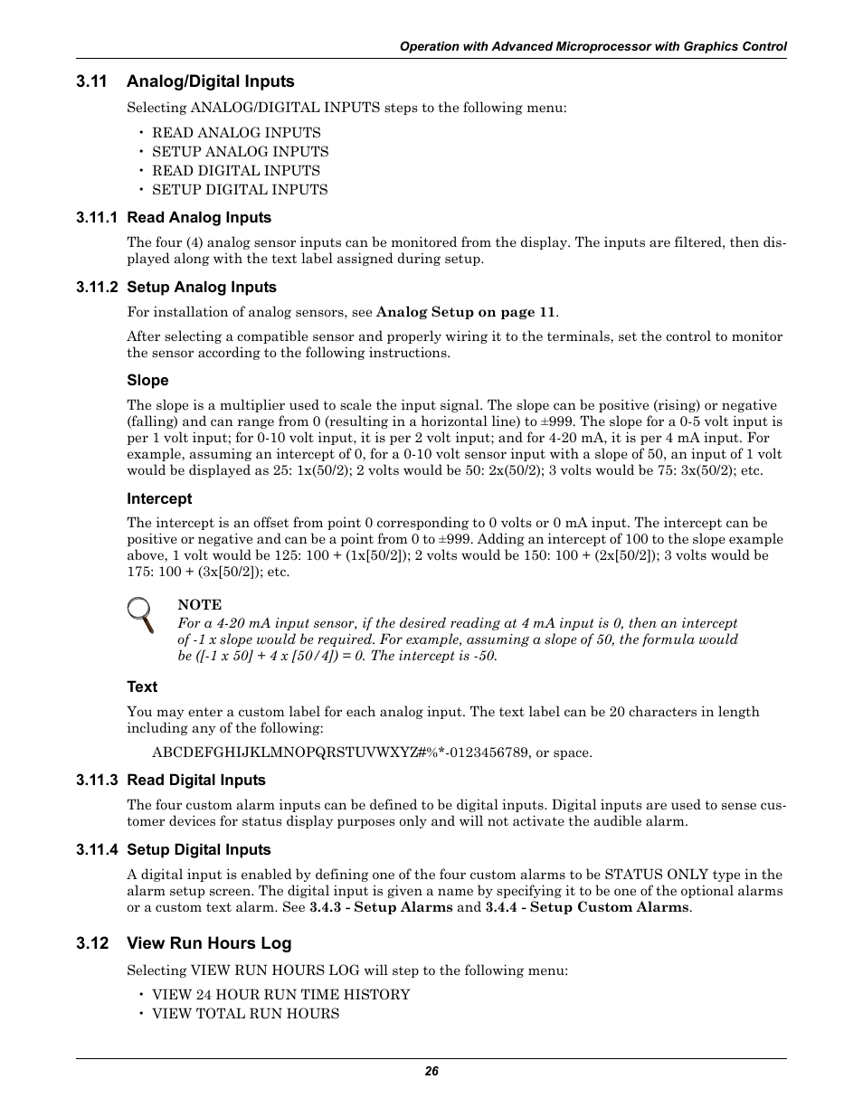 11 analog/digital inputs, 1 read analog inputs, 2 setup analog inputs | Slope, Intercept, Text, 3 read digital inputs, 4 setup digital inputs, 12 view run hours log, Analog/digital inputs | Liebert CHALLENGER 3000 User Manual | Page 34 / 76