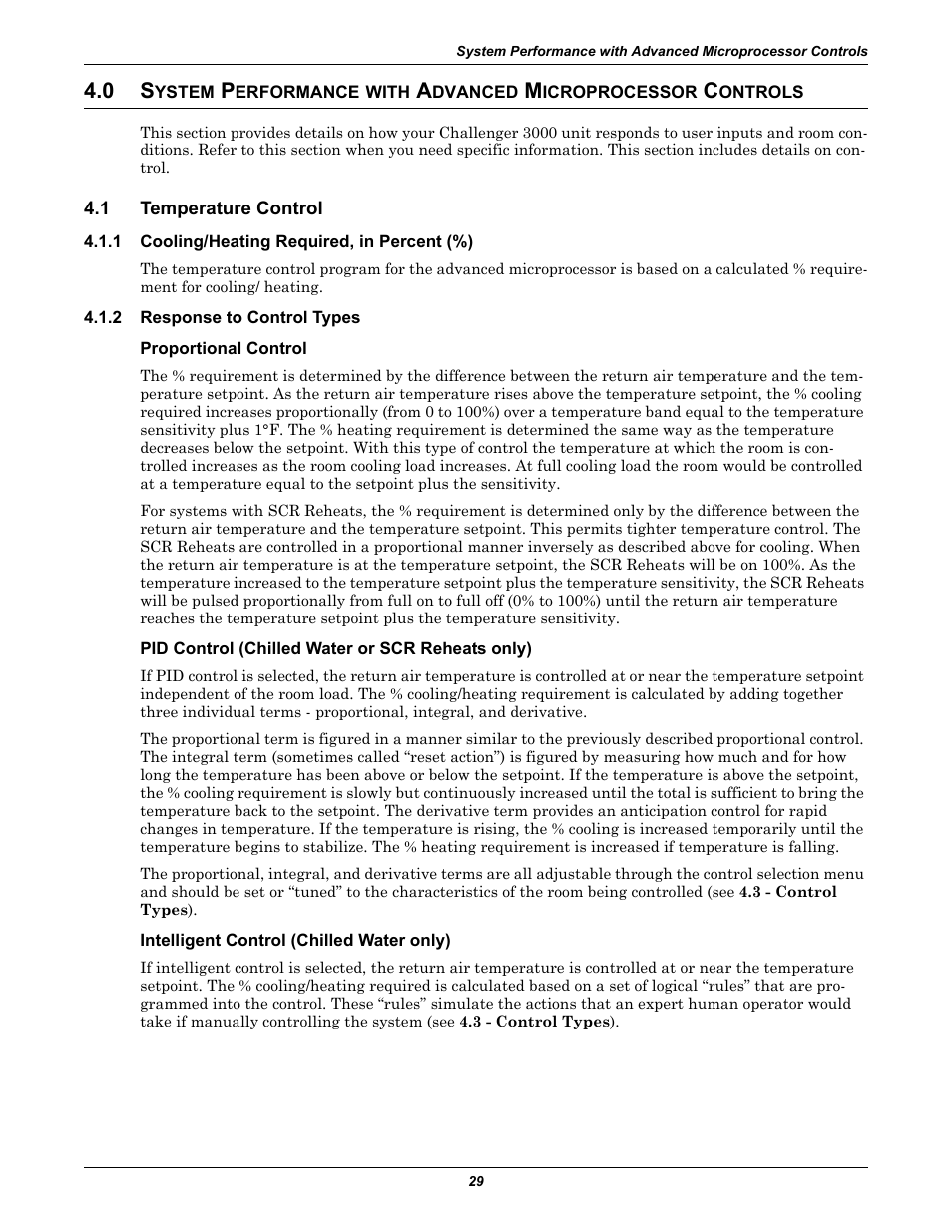 1 temperature control, 1 cooling/heating required, in percent (%), 2 response to control types | Proportional control, Pid control (chilled water or scr reheats only), Intelligent control (chilled water only), Ystem, Erformance, With, Dvanced | Liebert CHALLENGER 3000 User Manual | Page 37 / 76