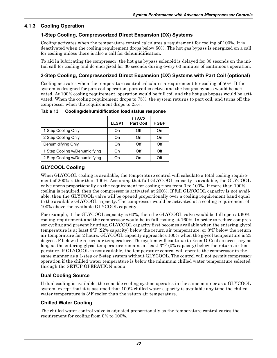 3 cooling operation, Glycool cooling, Dual cooling source | Chilled water cooling, Cooling operation, Table 13, Cooling/dehumidification load status response | Liebert CHALLENGER 3000 User Manual | Page 38 / 76