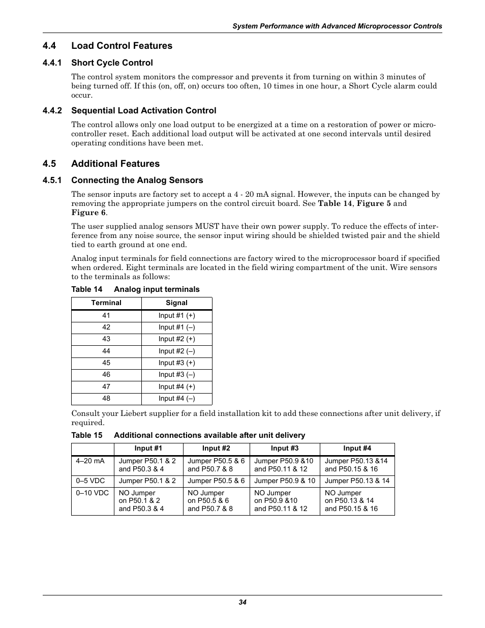 4 load control features, 1 short cycle control, 2 sequential load activation control | 5 additional features, 1 connecting the analog sensors, Table 14 analog input terminals, Load control features, Short cycle control, Sequential load activation control, Additional features | Liebert CHALLENGER 3000 User Manual | Page 42 / 76