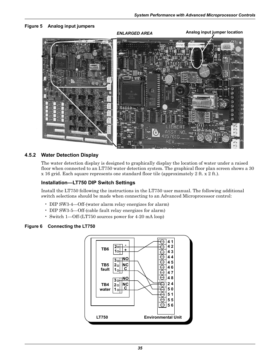 Figure 5 analog input jumpers, 2 water detection display, Installation-lt750 dip switch settings | Figure 6 connecting the lt750, Water detection display, Figure 5, Analog input jumpers, Figure 6, Connecting the lt750 | Liebert CHALLENGER 3000 User Manual | Page 43 / 76
