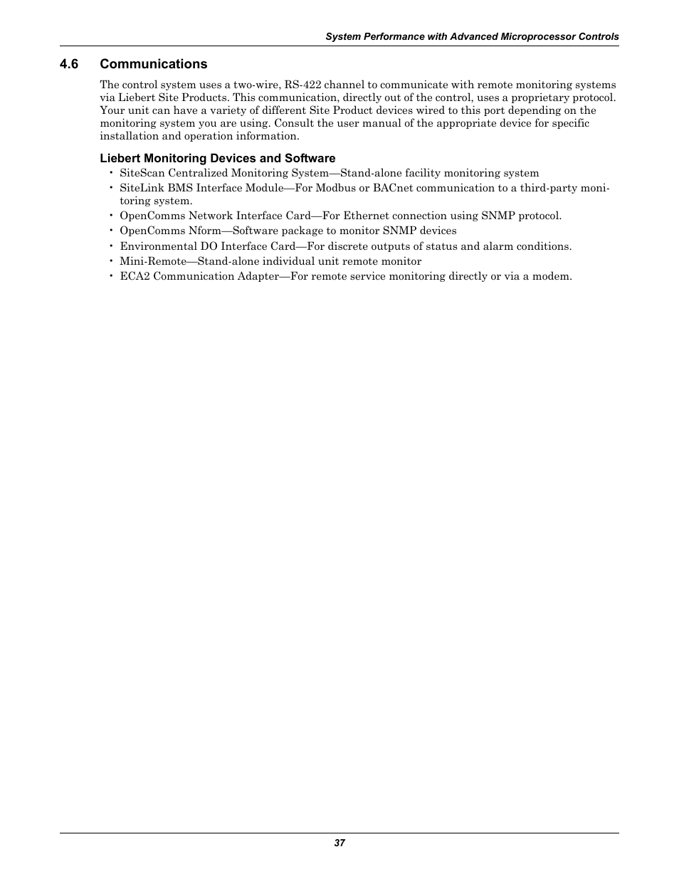 6 communications, Liebert monitoring devices and software, Communications | Liebert CHALLENGER 3000 User Manual | Page 45 / 76