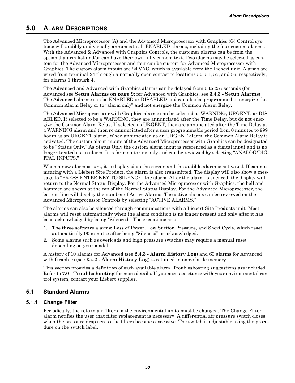 0 alarm descriptions, 1 standard alarms, 1 change filter | Larm, Escriptions, Standard alarms, Change filter | Liebert CHALLENGER 3000 User Manual | Page 46 / 76