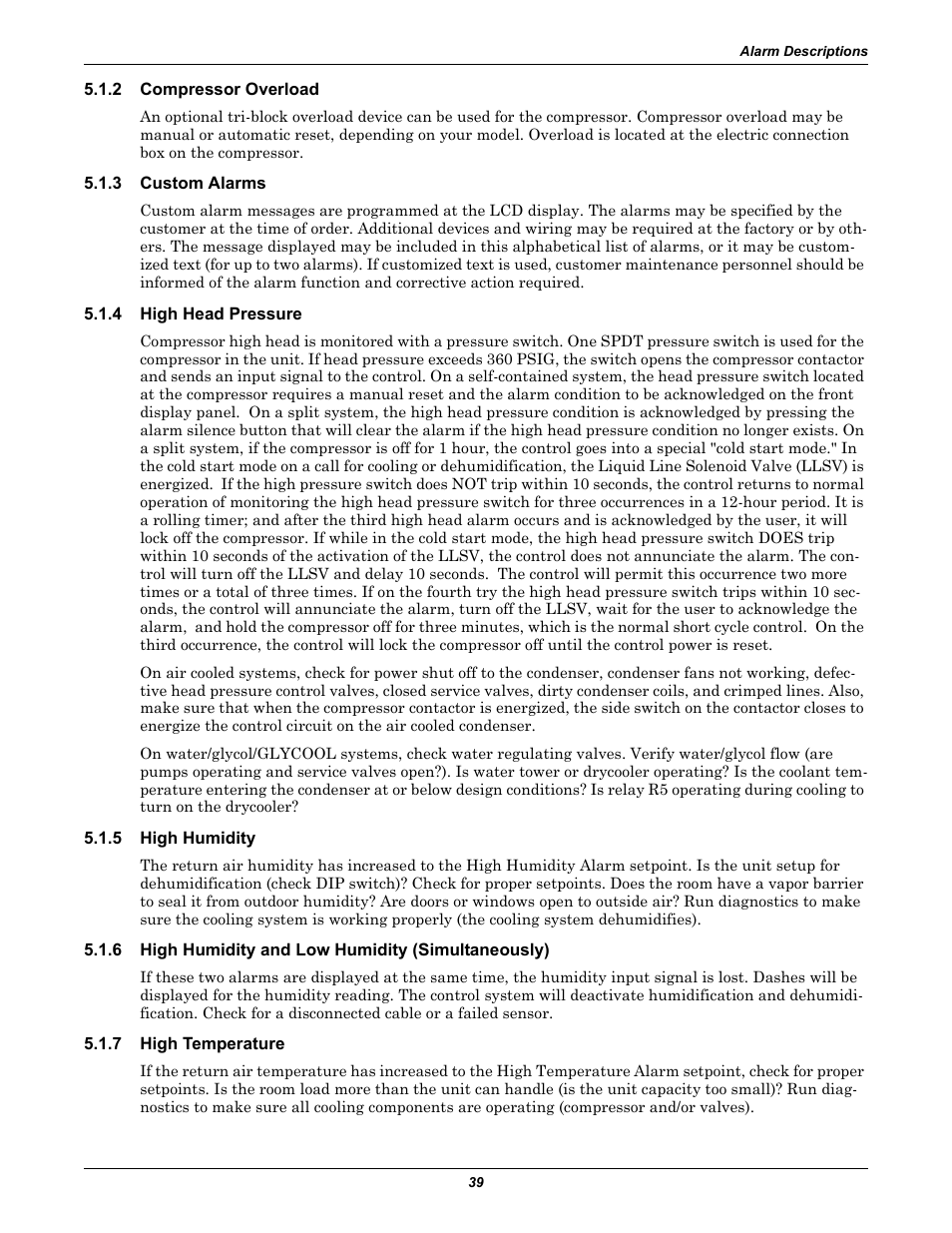 2 compressor overload, 3 custom alarms, 4 high head pressure | 5 high humidity, 6 high humidity and low humidity (simultaneously), 7 high temperature, Compressor overload, Custom alarms, High head pressure, High humidity | Liebert CHALLENGER 3000 User Manual | Page 47 / 76