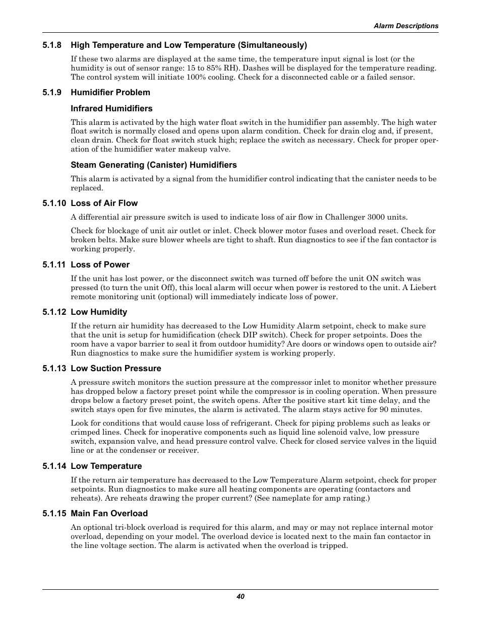 9 humidifier problem, Infrared humidifiers, Steam generating (canister) humidifiers | 10 loss of air flow, 11 loss of power, 12 low humidity, 13 low suction pressure, 14 low temperature, 15 main fan overload, Humidifier problem | Liebert CHALLENGER 3000 User Manual | Page 48 / 76