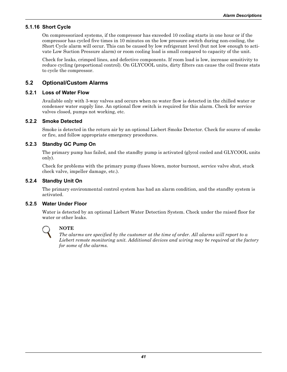 16 short cycle, 2 optional/custom alarms, 1 loss of water flow | 2 smoke detected, 3 standby gc pump on, 4 standby unit on, 5 water under floor, Optional/custom alarms, Loss of water flow, Smoke detected | Liebert CHALLENGER 3000 User Manual | Page 49 / 76