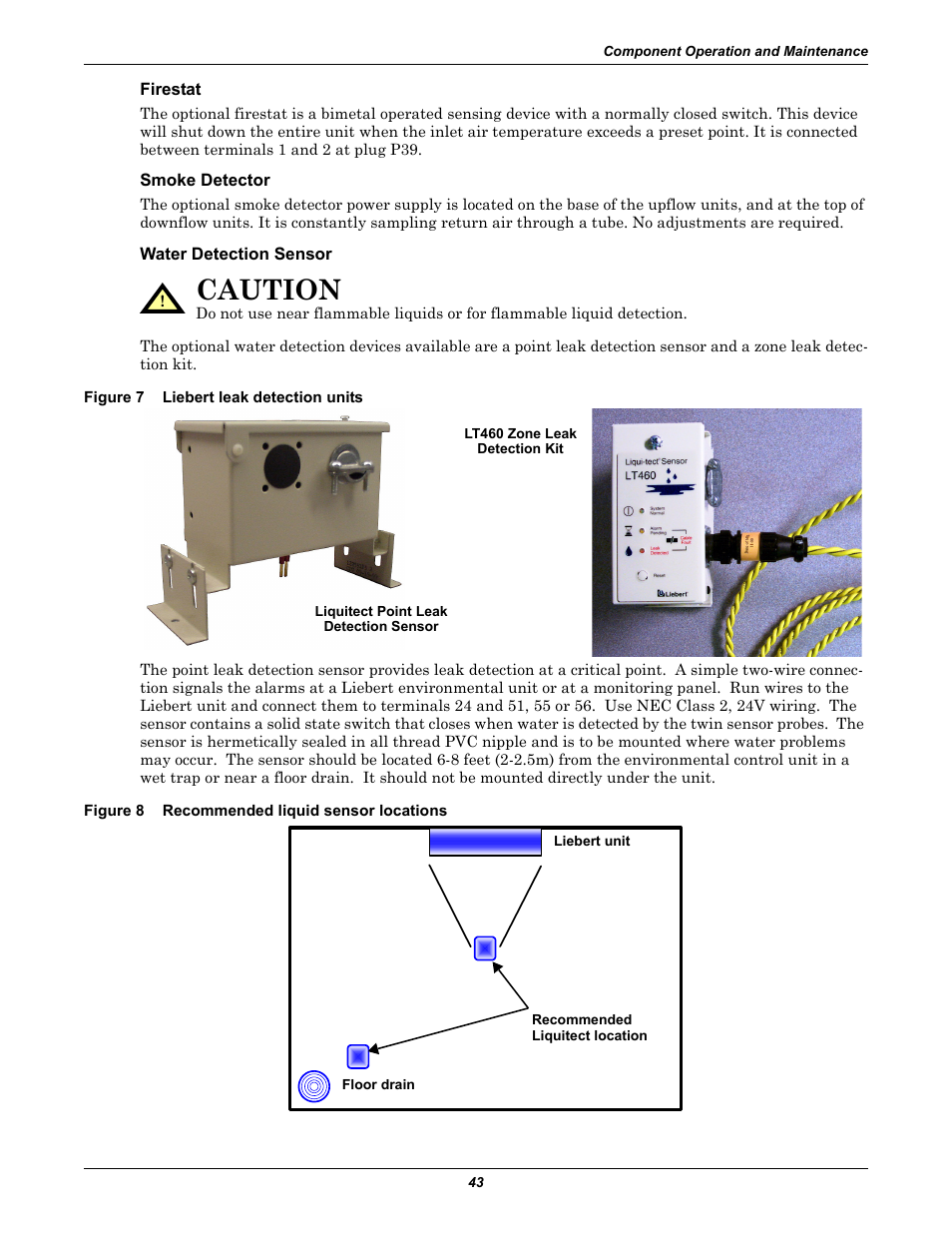 Firestat, Smoke detector, Water detection sensor | Figure 7 liebert leak detection units, Figure 8 recommended liquid sensor locations, Figure 7, Liebert leak detection units, Figure 8, Recommended liquid sensor locations, Caution | Liebert CHALLENGER 3000 User Manual | Page 51 / 76