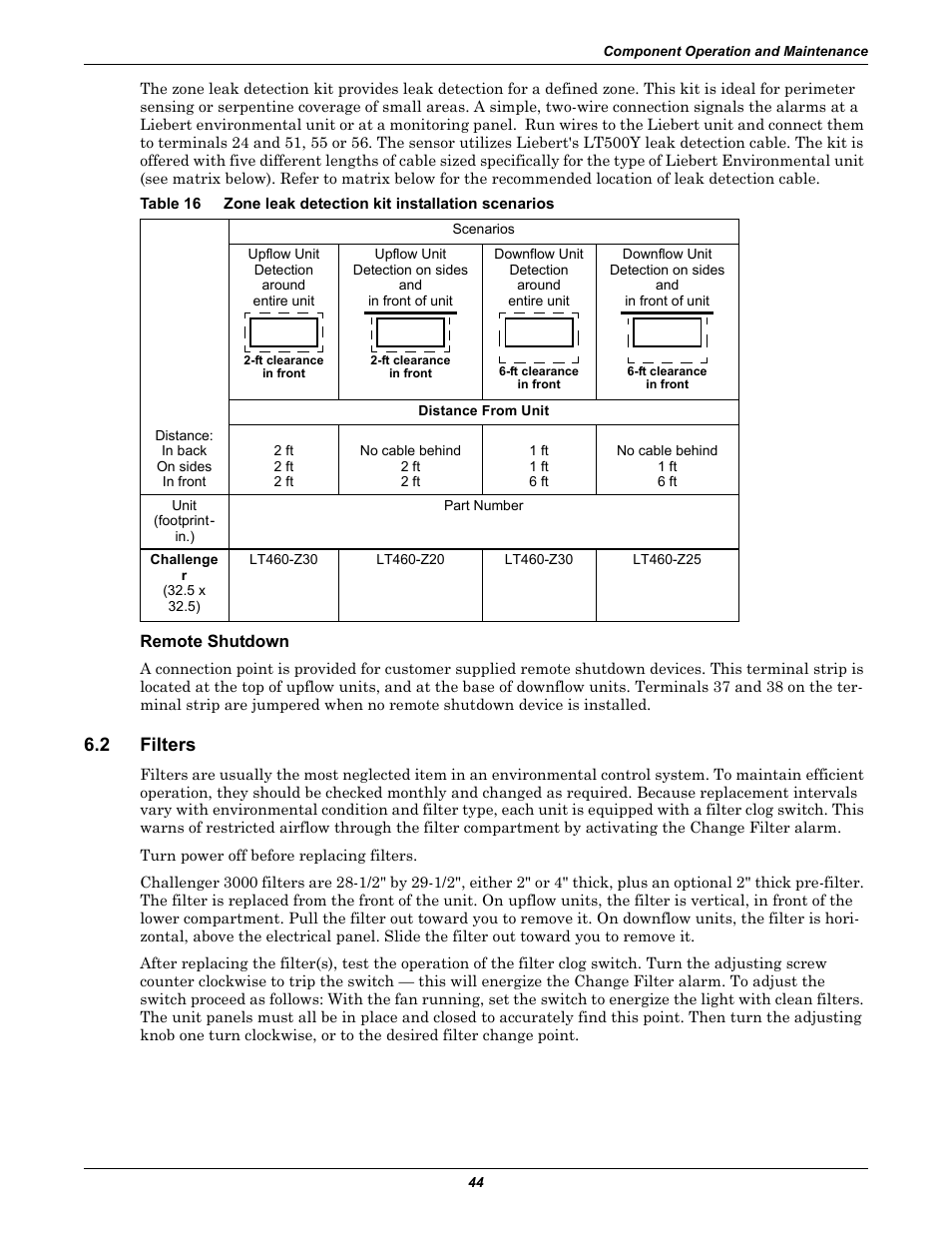 Remote shutdown, 2 filters, Filters | Table 16, Zone leak detection kit installation scenarios | Liebert CHALLENGER 3000 User Manual | Page 52 / 76