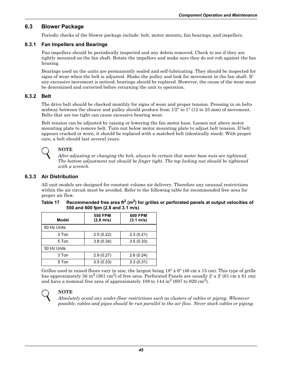 3 blower package, 1 fan impellers and bearings, 2 belt | 3 air distribution, Blower package, Fan impellers and bearings, Belt, Air distribution, Recommended free area ft | Liebert CHALLENGER 3000 User Manual | Page 53 / 76