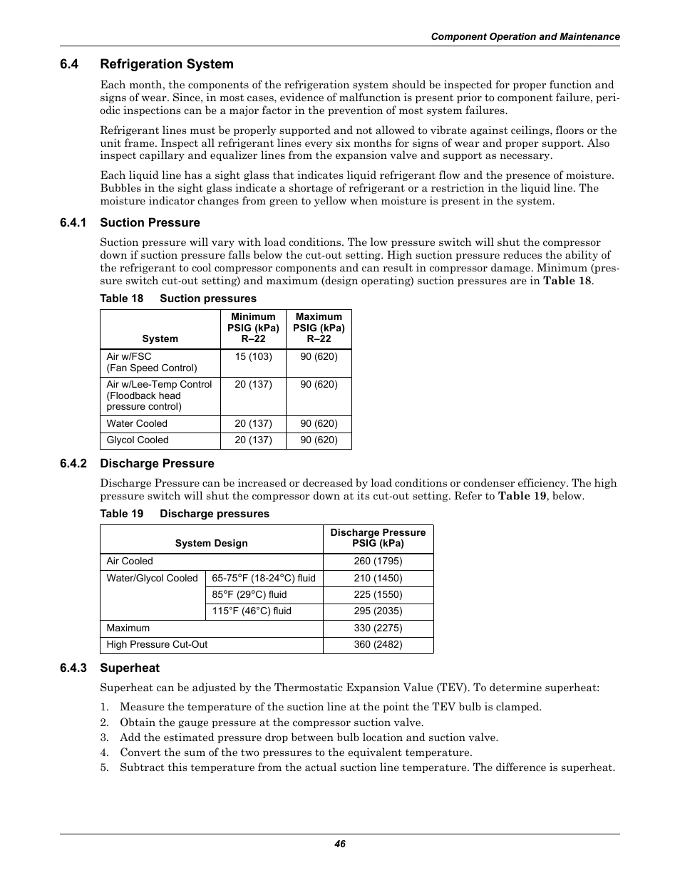 4 refrigeration system, 1 suction pressure, Table 18 suction pressures | 2 discharge pressure, Table 19 discharge pressures, 3 superheat, Refrigeration system, Suction pressure, Discharge pressure, Superheat | Liebert CHALLENGER 3000 User Manual | Page 54 / 76