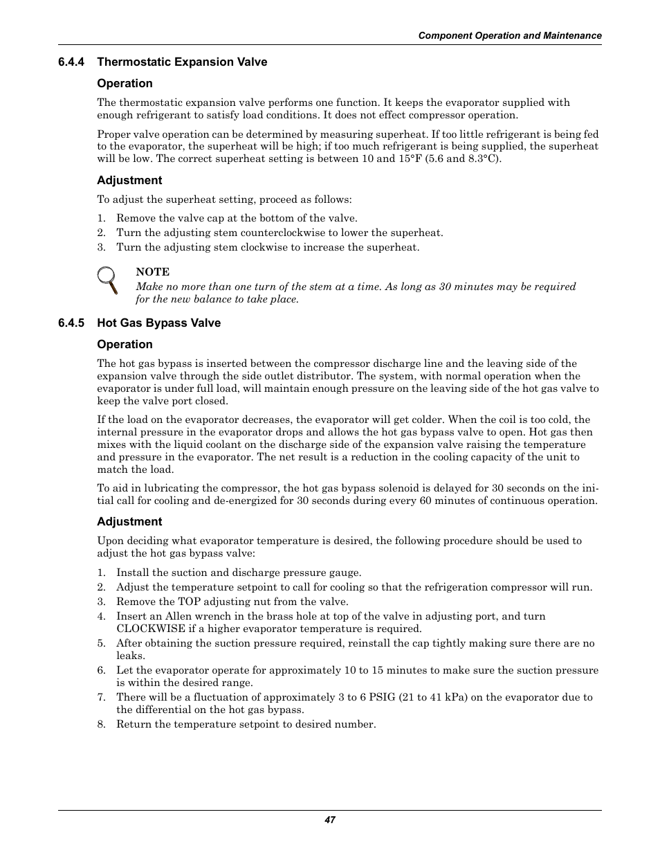 4 thermostatic expansion valve, Operation, Adjustment | 5 hot gas bypass valve, Thermostatic expansion valve, Hot gas bypass valve | Liebert CHALLENGER 3000 User Manual | Page 55 / 76