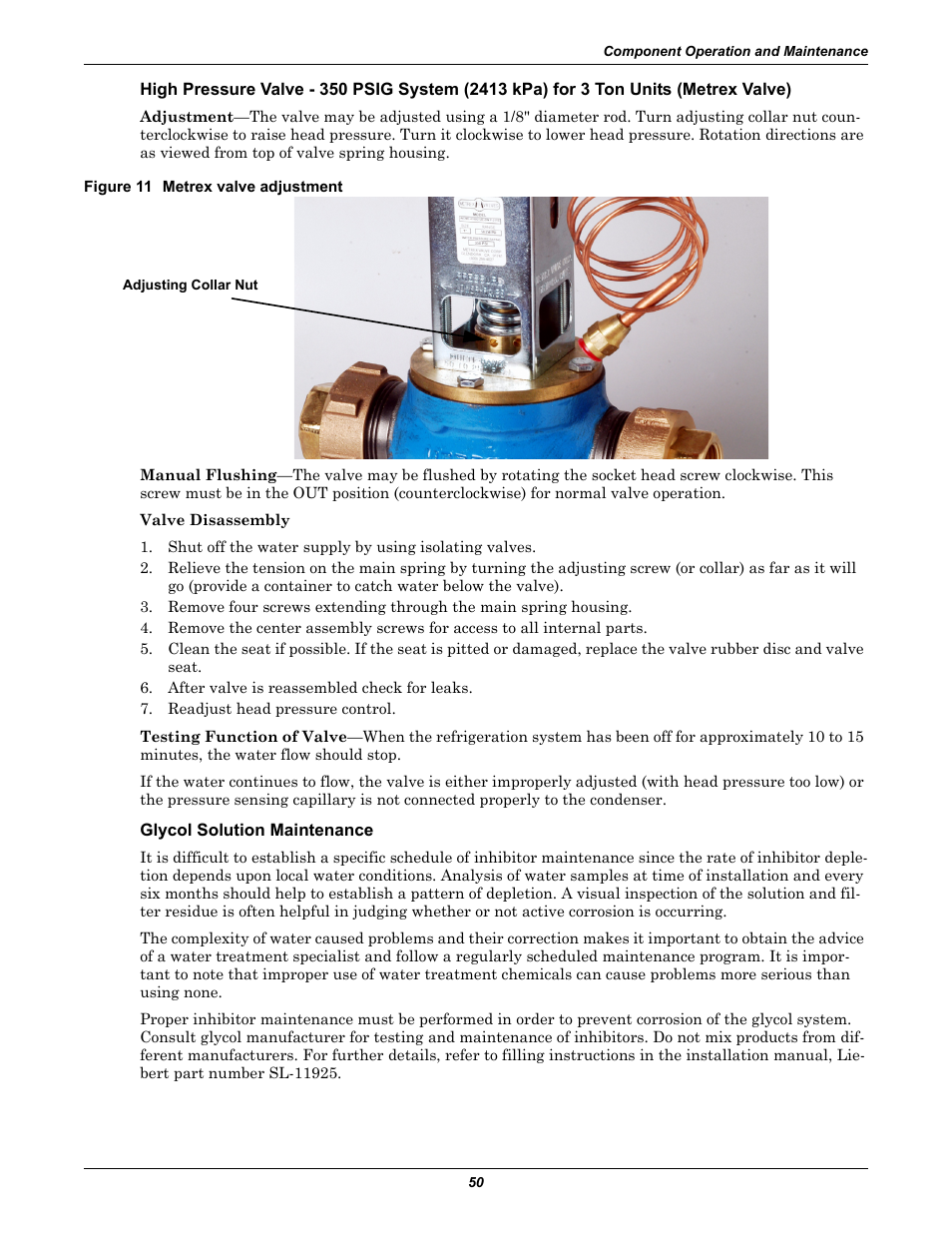 Figure 11 metrex valve adjustment, Glycol solution maintenance | Liebert CHALLENGER 3000 User Manual | Page 58 / 76