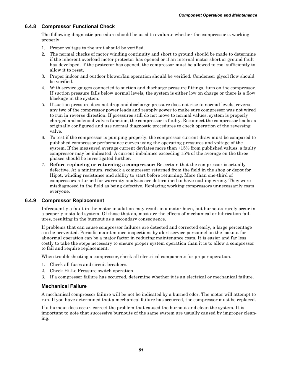 8 compressor functional check, 9 compressor replacement, Mechanical failure | Compressor functional check, Compressor replacement | Liebert CHALLENGER 3000 User Manual | Page 59 / 76