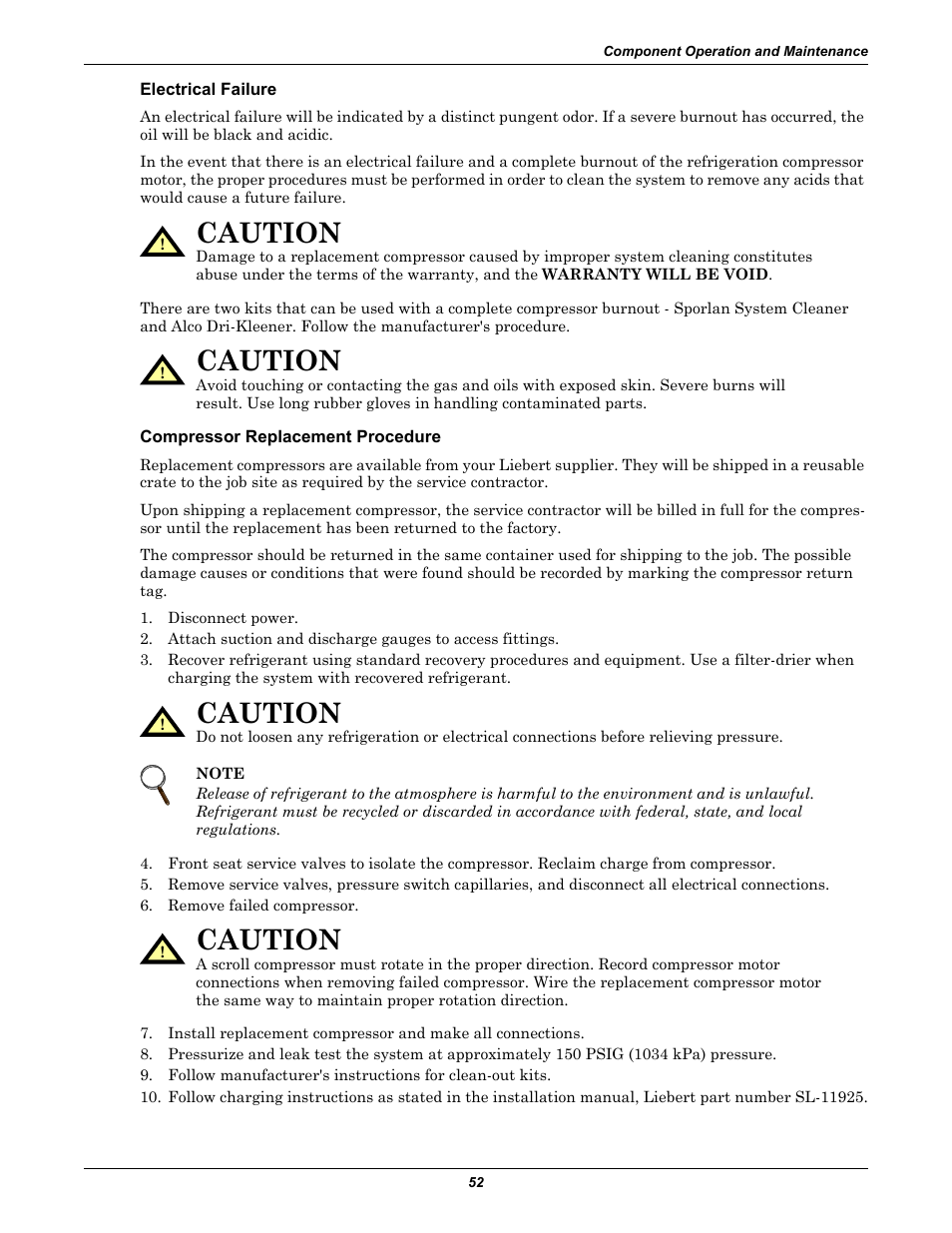 Electrical failure, Compressor replacement procedure, Caution | Liebert CHALLENGER 3000 User Manual | Page 60 / 76