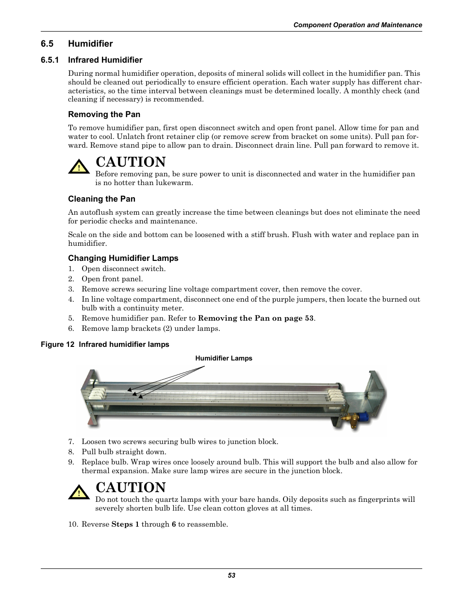 5 humidifier, 1 infrared humidifier, Removing the pan | Cleaning the pan, Changing humidifier lamps, Figure 12 infrared humidifier lamps, Humidifier, Infrared humidifier, Caution | Liebert CHALLENGER 3000 User Manual | Page 61 / 76