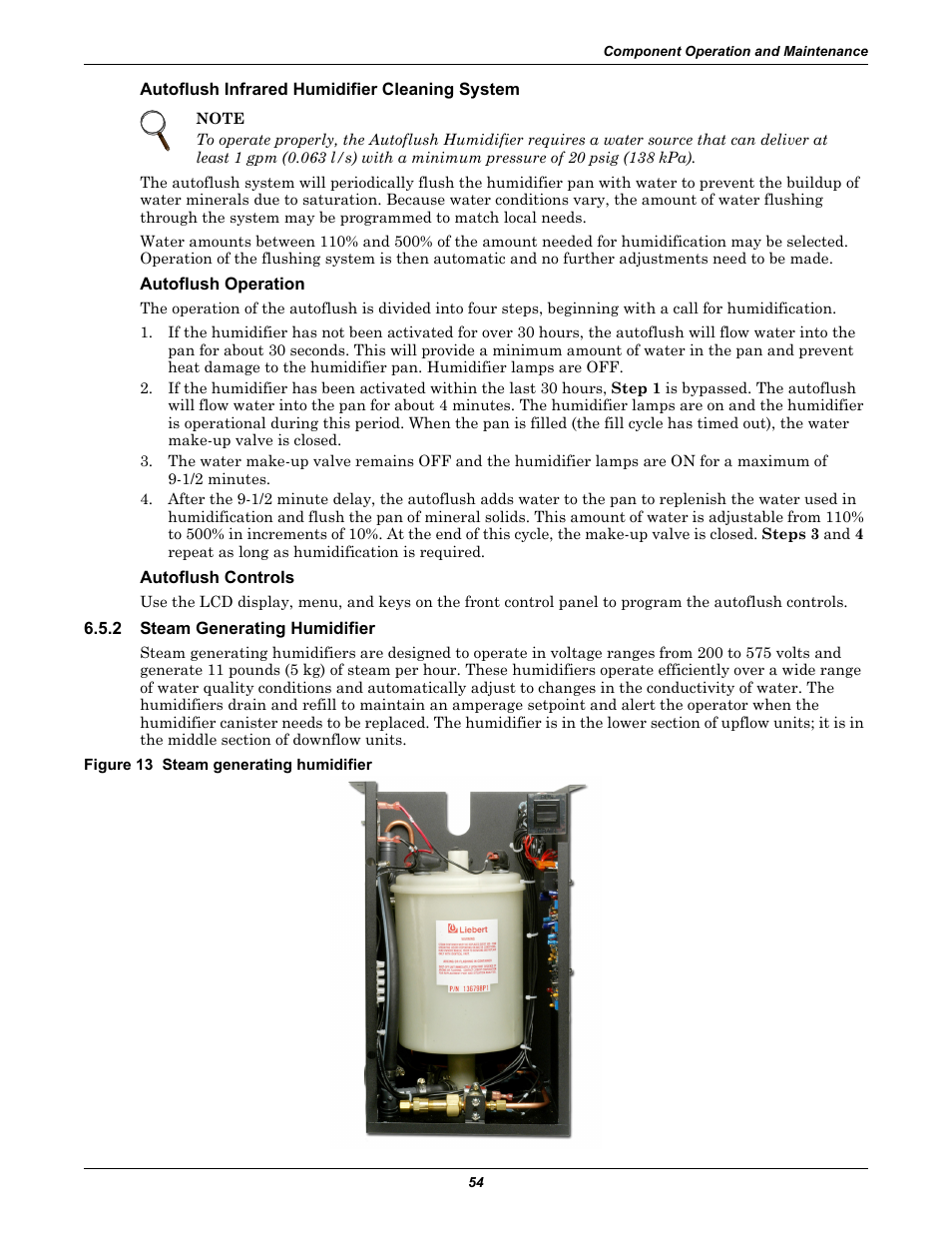 Autoflush infrared humidifier cleaning system, Autoflush operation, Autoflush controls | 2 steam generating humidifier, Figure 13 steam generating humidifier, Steam generating humidifier | Liebert CHALLENGER 3000 User Manual | Page 62 / 76