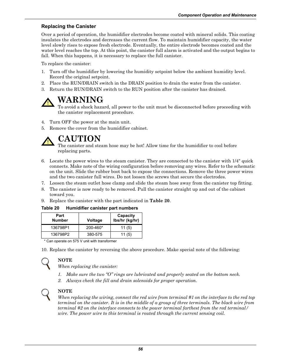 Replacing the canister, Table 20 humidifier canister part numbers, Table 20 | Humidifier canister part numbers, Warning, Caution | Liebert CHALLENGER 3000 User Manual | Page 64 / 76